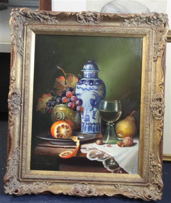 § Raymond Campbell (b.1956) Still life with fruit beside a delft vase 19.25 x 15.25in.